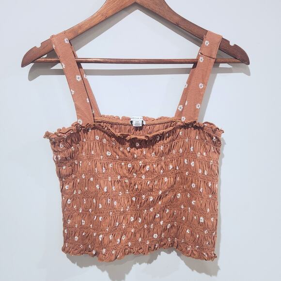American Eagle Womens Rust Orange Floral Smocked Crop Top Size Large Festival - Picture 1 of 7